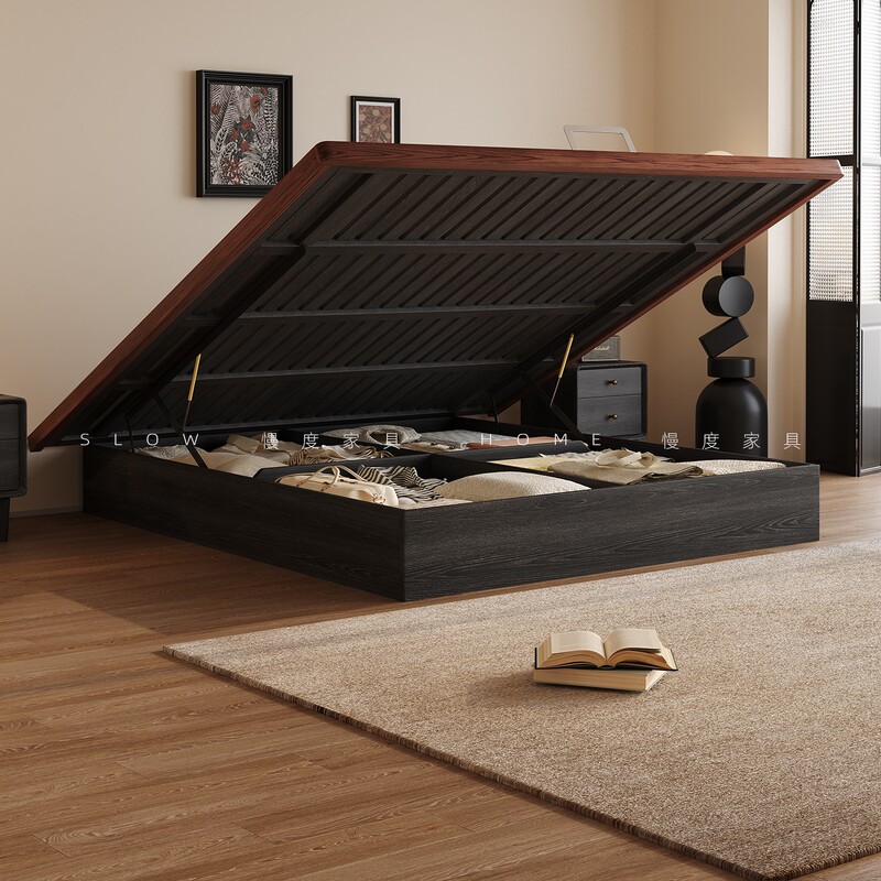 Walnut Solid Wood Bed Without Bedside Storage, Flush Edge, Small Apartment, Mortise and Tenon Structure, High Box Bed, Tatami Double Bed Walnut Solid Wood Bed Without Bedside Storage, Flush Edge, Small Apartment, Mortise and Tenon Structure, High Box Bed, Tatami Double Bed