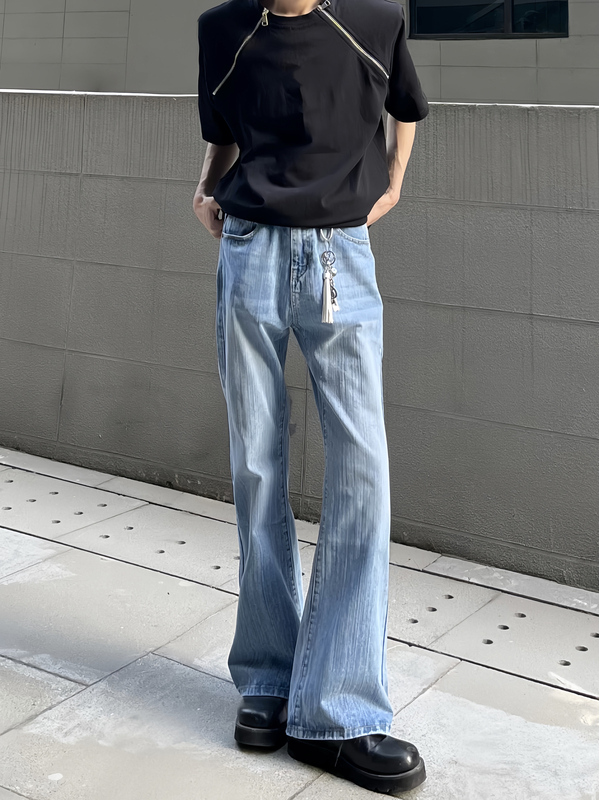 Airy White/Slightly Flared Bamboo Pattern Jeans for Men, Vintage Washed Floor-Length Pants, Light Blue Loose Straight-Leg Versatile Long Pants