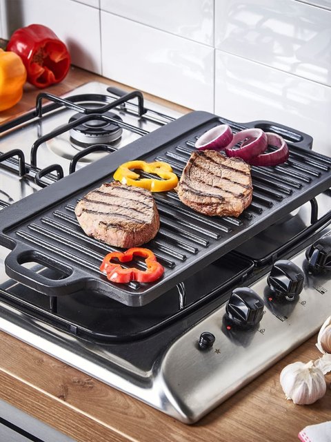 Teppanyaki Plate Cast Iron Household Outdoor Rectangular Barbecue Pan Steak Octopus Barbecue Double-Sided Grill Pan Gas Stove