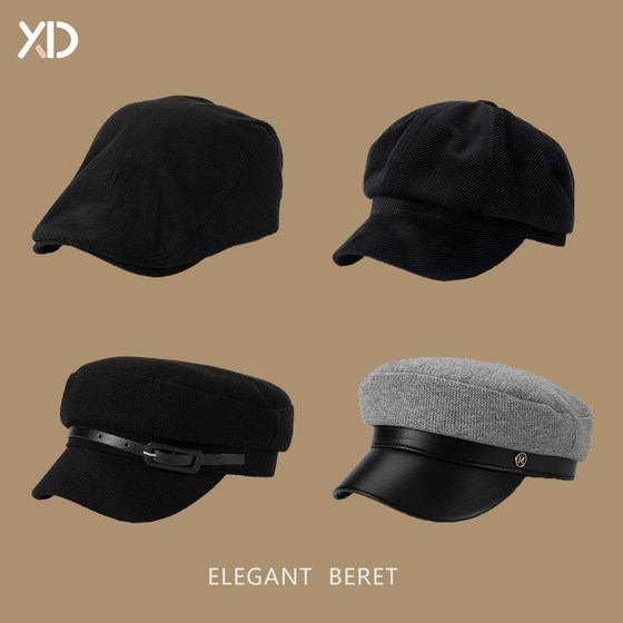 Black octagonal beret women's autumn and winter British retro Korean version Japanese fashion ins painter Bei Lei hat winter