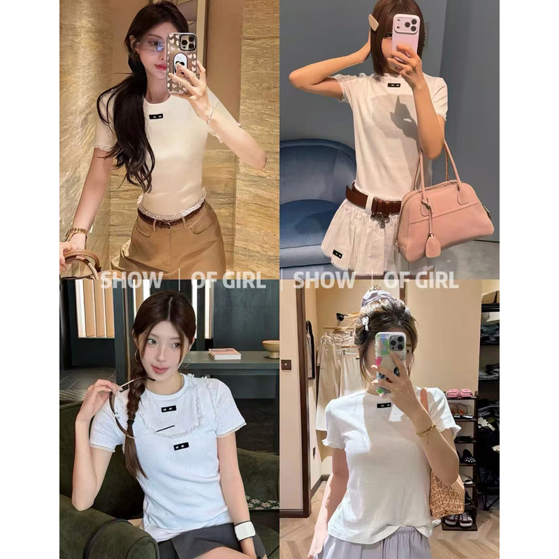 Show of Girl 26Ss Aoba Hanabuki! Girly and Versatile Lace-Trimmed Round-Neck Short-Sleeve T-Shirt Top