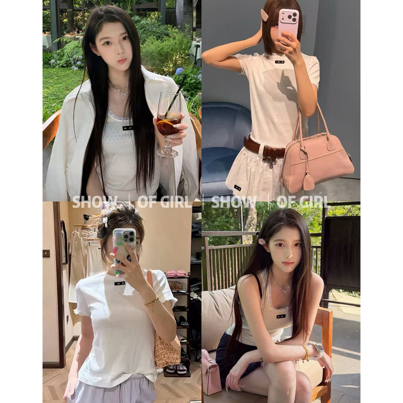 Show of Girl 26Ss Aoba Hanabuki! Girly and Versatile Lace-Trimmed Round-Neck Short-Sleeve T-Shirt Top Show of Girl 26Ss Aoba Hanabuki! Girly and Versatile Lace-Trimmed Round-Neck Short-Sleeve T-Shirt Top