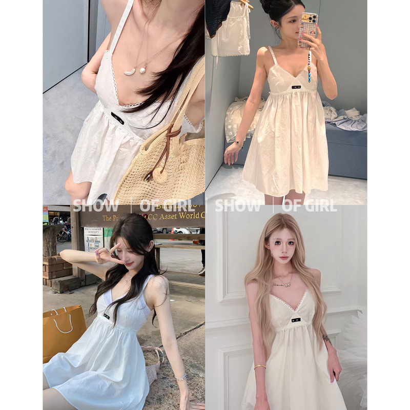 Show of Girl 26Ss Runaway Heiress! Pure Desire Style Crochet Hollow Lace-Trimmed Spaghetti Strap Dress for Women Show of Girl 26Ss Runaway Heiress! Pure Desire Style Crochet Hollow Lace-Trimmed Spaghetti Strap Dress for Women
