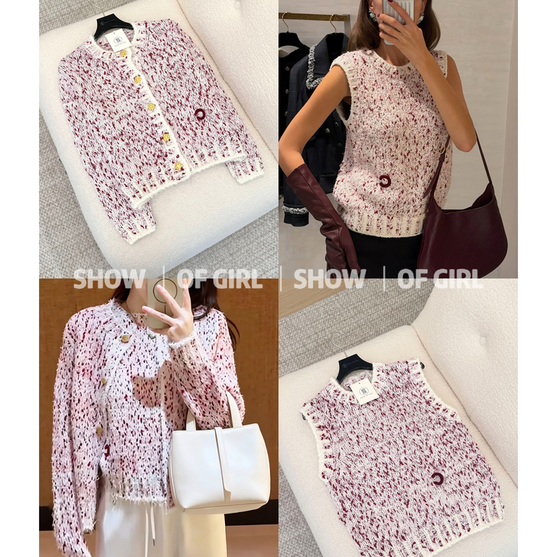 Show of Girl 26B Soft Mist and Colorful! Variegated Single-Breasted Round-Neck Knitted Cardigan Jacket/Vest for Women