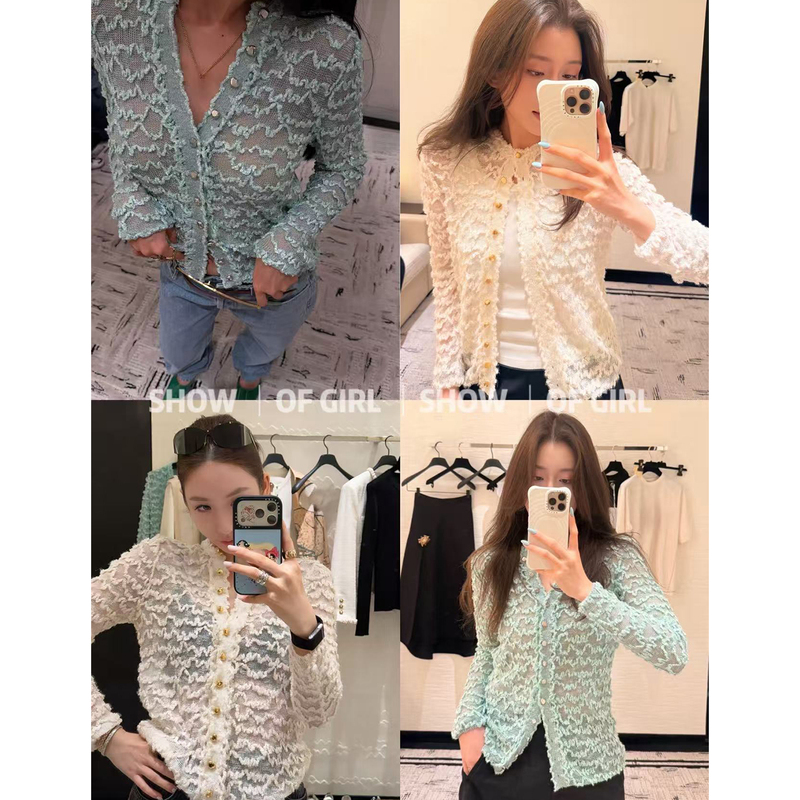 Show of Girl 26A Gauze Cloud Pattern! Wavy Stripes, Asymmetrical Metal Buttons, Knitted Cardigan Top