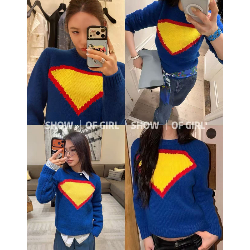 Show of Girl 26A Superman Limited Edition! Klein Blue Crew Neck Sweater Diamond Jacquard Long Sleeve Knitwear