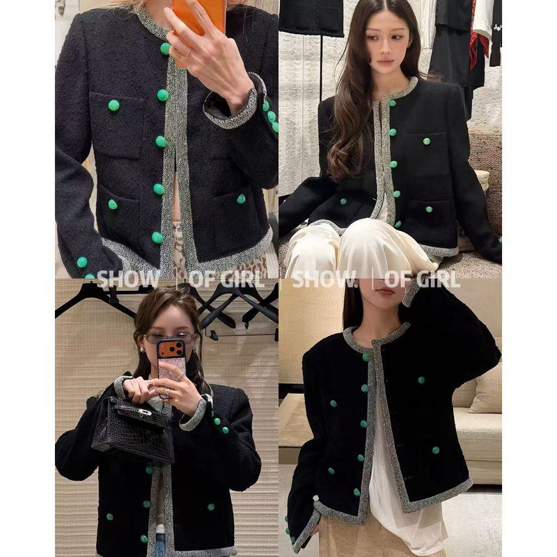 Show of Girl 26A Jade Silver Inlay! Heavy-Duty Contrasting Green Button Tweed Long-Sleeve Jacket Coat Top Show of Girl 26A Jade Silver Inlay! Heavy-Duty Contrasting Green Button Tweed Long-Sleeve Jacket Coat Top