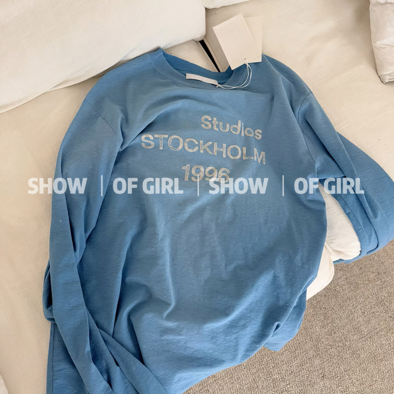Show of Girl 26Ss New Color Baby Blue! 1996 Washed and Distressed Letter Print Cotton Long-Sleeve T-Shirt
