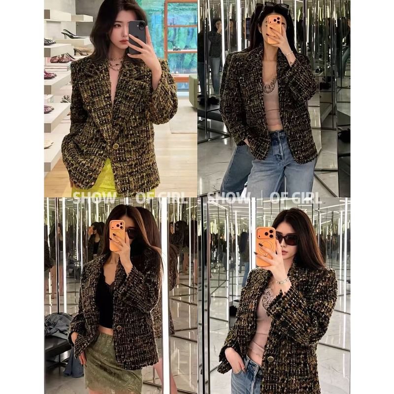 Show of Girl 26Ss Yaya Guizi! Vintage Mixed-Color Woven Tweed Blazer Long-Sleeve Jacket for Women