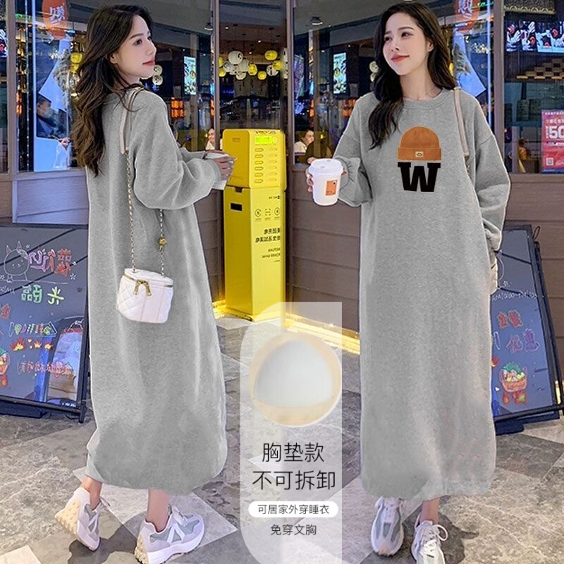Pajamas with Breast Pads for Women, Spring, Autumn and Winter, Long-Sleeved, Large Size, Fat Mm, Summer, Thin, Long, Knee-Length Nightgown, Home Clothes That Can Be Worn Outside Pajamas with Breast Pads for Women, Spring, Autumn and Winter, Long-Sleeved, Large Size, Fat Mm, Summer, Thin, Long, Knee-Length Nightgown, Home Clothes That Can Be Worn Outside
