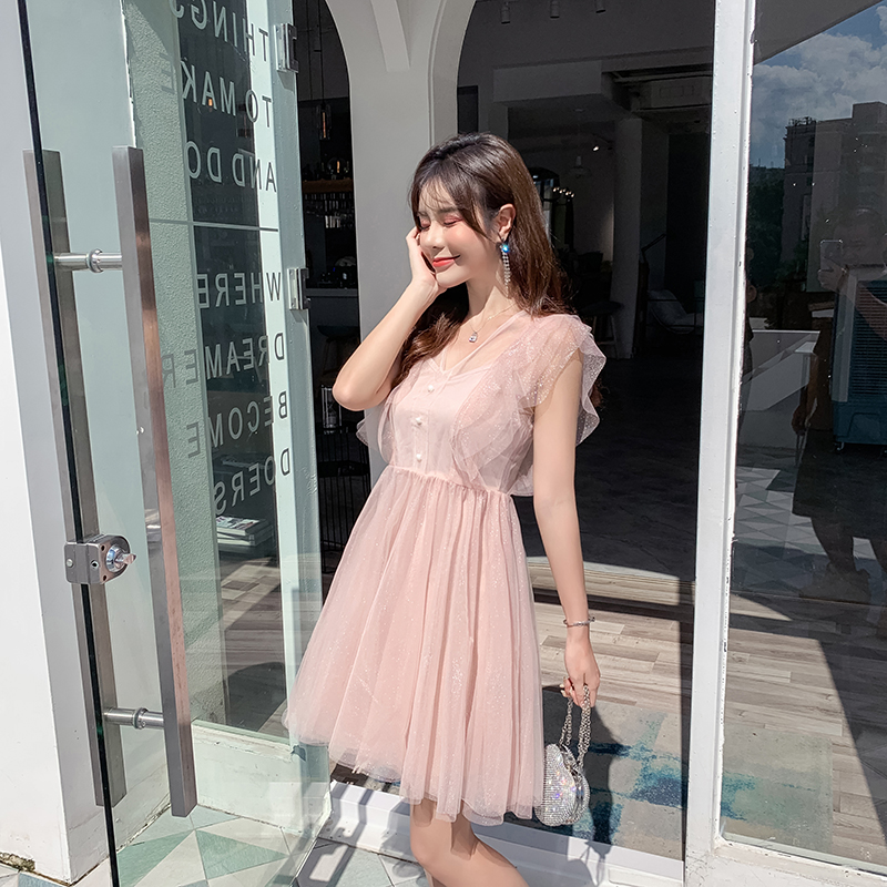 VK旗艦店 韓國風名媛V領拼接閃閃網紗短版無袖洋裝