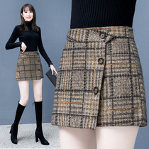 High-grade fashion plaid woolen pants skirt women 2021 autumn and winter New High waist a-shaped wide leg woolen boots pants