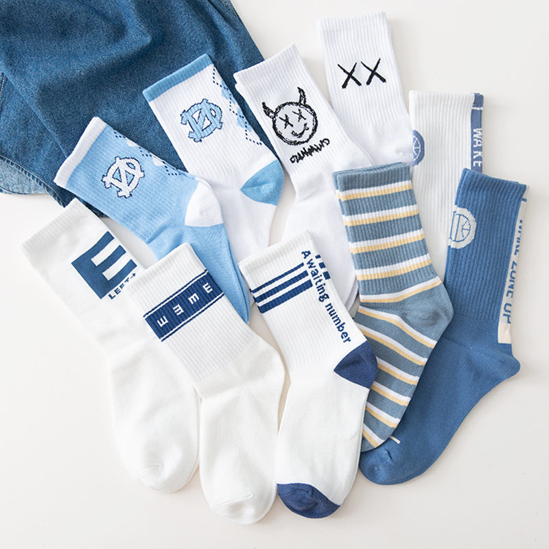 5 Double Loaded Socks Men's Autumn Winter Mid-Cylinder Socks Women Full Cotton Blue Individuality 100 Hitch Street Hip Hop Trend Stockings Sins Tide