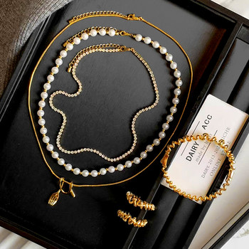 Girls age-reducing curled fork pearl necklace women's light luxury stacked clavicle chain interesting niche earrings unique earrings