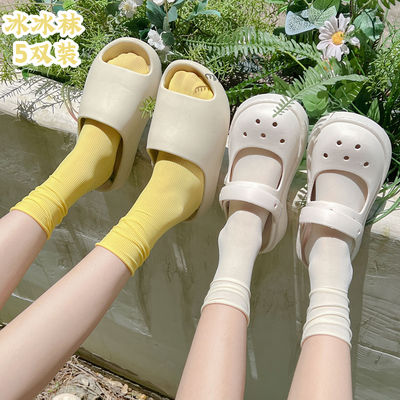 5 pairs of ice socks for girls, summer thin mid-calf socks, Instagram trendy velvet ice silk pile socks, long calf socks