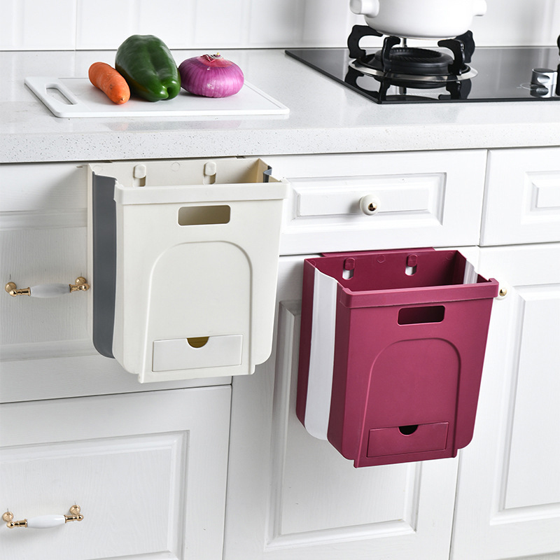 Kitchen Trash Can Hanging Foldableing Household Cabinet Door Wall-Mounted Storage Bucket Trash Can Kitchen Waste Hanging Garbage Basket Car