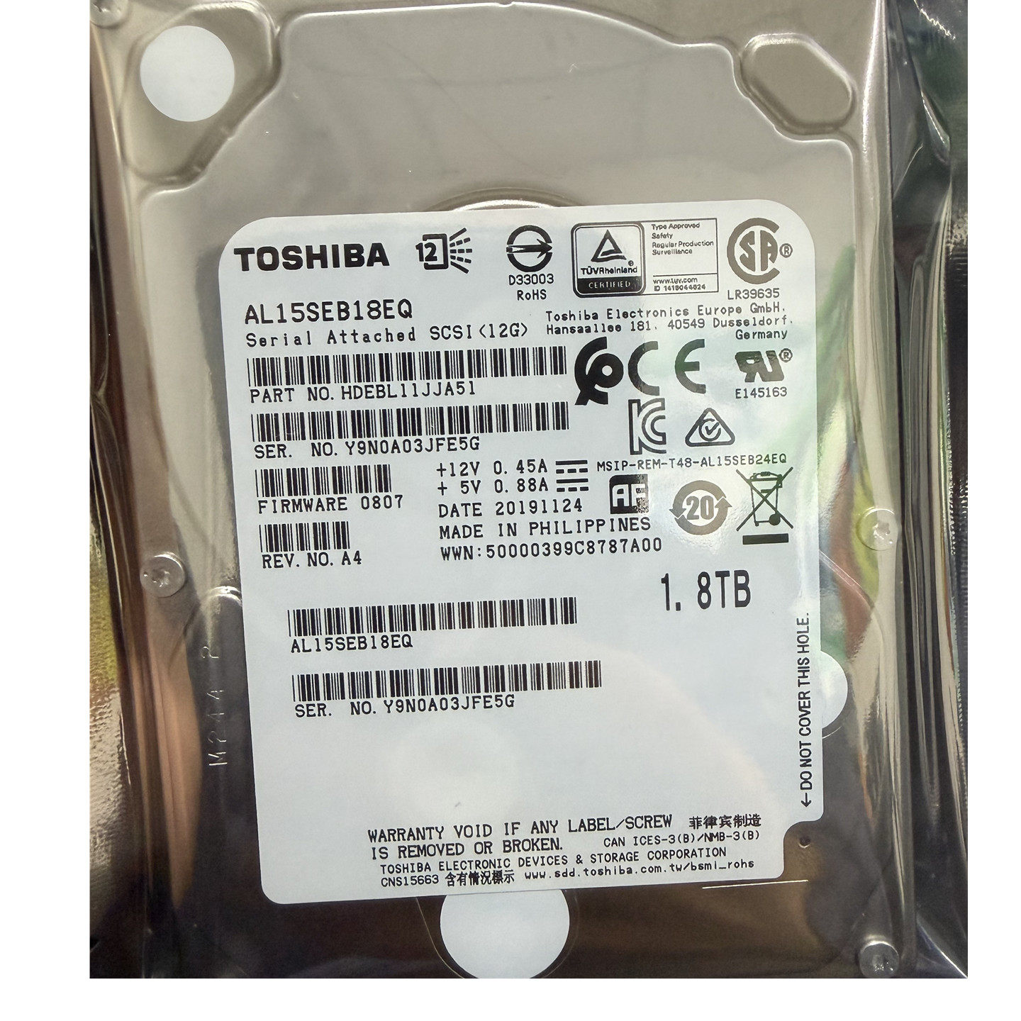 Серверный жесткий диск Toshiba/Toshiba AL15SEB18EQ 1.8T 10K SAS объемом 2,5 дюйма и 12 ГБ Изображение 1