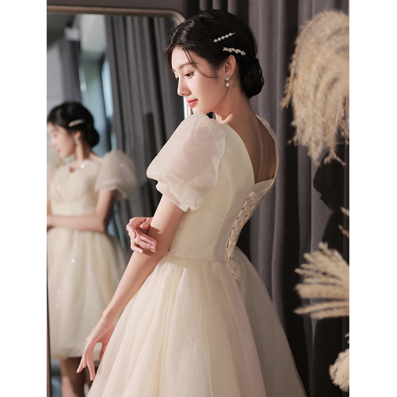 High-End Petite Evening Dress in Champagne Color, French Style, Sophisticated and Unique, Suitable for Hostess or Bridesmaid, Mid-Length Dress for Women High-End Petite Evening Dress in Champagne Color, French Style, Sophisticated and Unique, Suitable for Hostess or Bridesmaid, Mid-Length Dress for Women