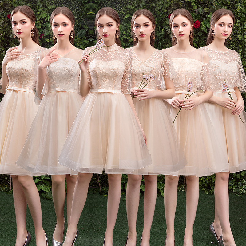 2024 New Bridesmaid Dress, Sister Dress, Short Champagne-Colored Off-Shoulder Lace Graduation Performance Dress with Flutter Sleeves 2024 New Bridesmaid Dress, Sister Dress, Short Champagne-Colored Off-Shoulder Lace Graduation Performance Dress with Flutter Sleeves