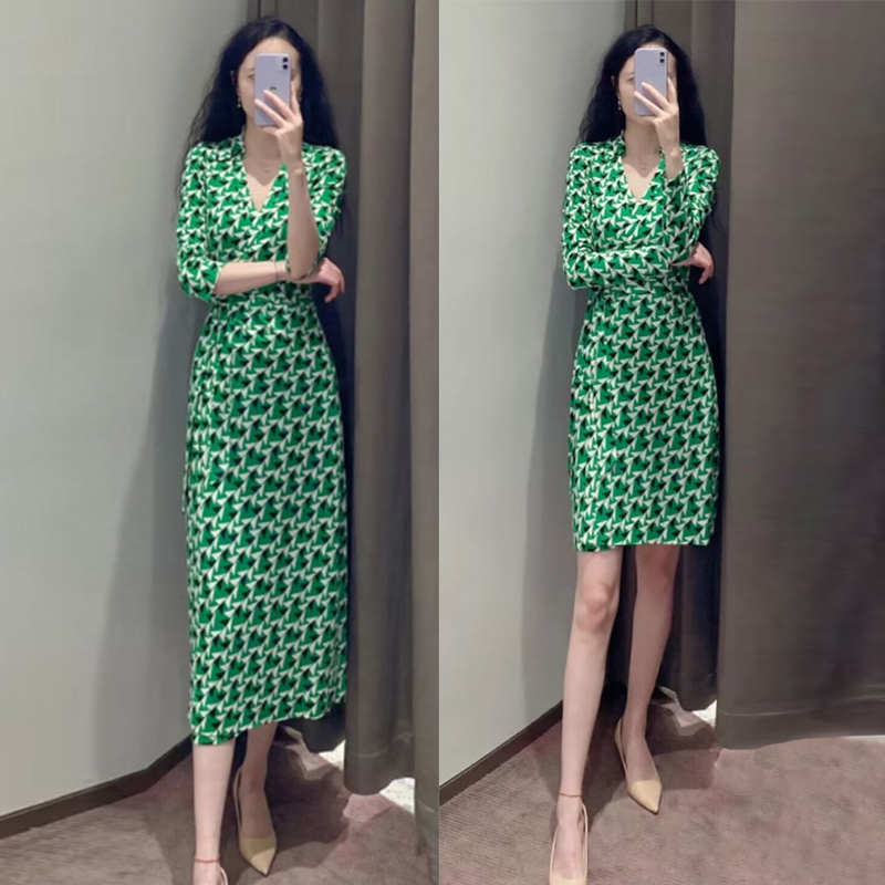 2023 Spring/Summer Korean Style Elegant Slim Green Floral Wrap Dress Sexy Socialite One-Piece Dress Mid-Length Women's Clothing