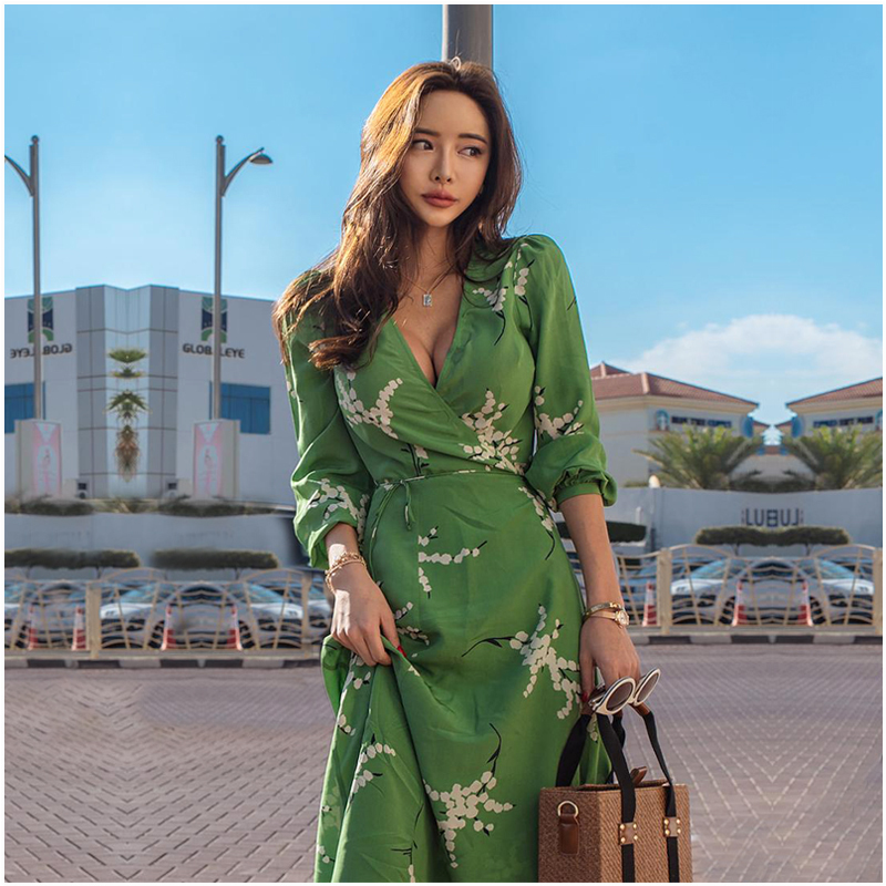 2021 Spring and Summer French Chiffon Floral Wrap Dress Tea Break Dress One-Piece Dress V-Neck Mid-Length D Beach Dress