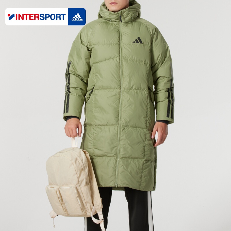 Adidas Long down Jacket for Men, Army Green, 2026 Spring New Model, Over-The-Knee Hooded Duck down Coat Jg3839