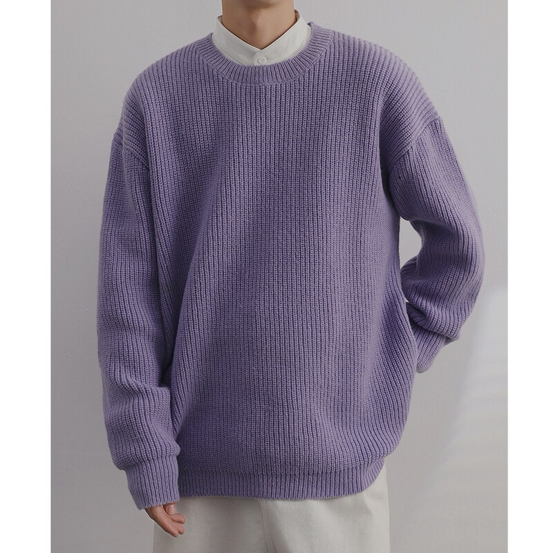 Autumn and Winter Purple Sweater for Men, Versatile, Loose, Lazy Style, Couple's Round Neck Pullover, Base Knit Sweater