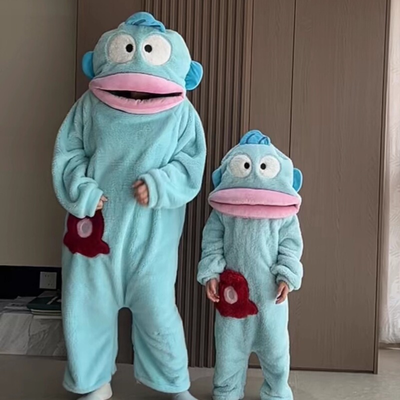 Children's Ugly Fish One-Piece Pajamas for Autumn and Winter, Thickened Coral Fleece, Quirky Abstract Parent-Child Sleepwear, Loungewear for Boys and Girls