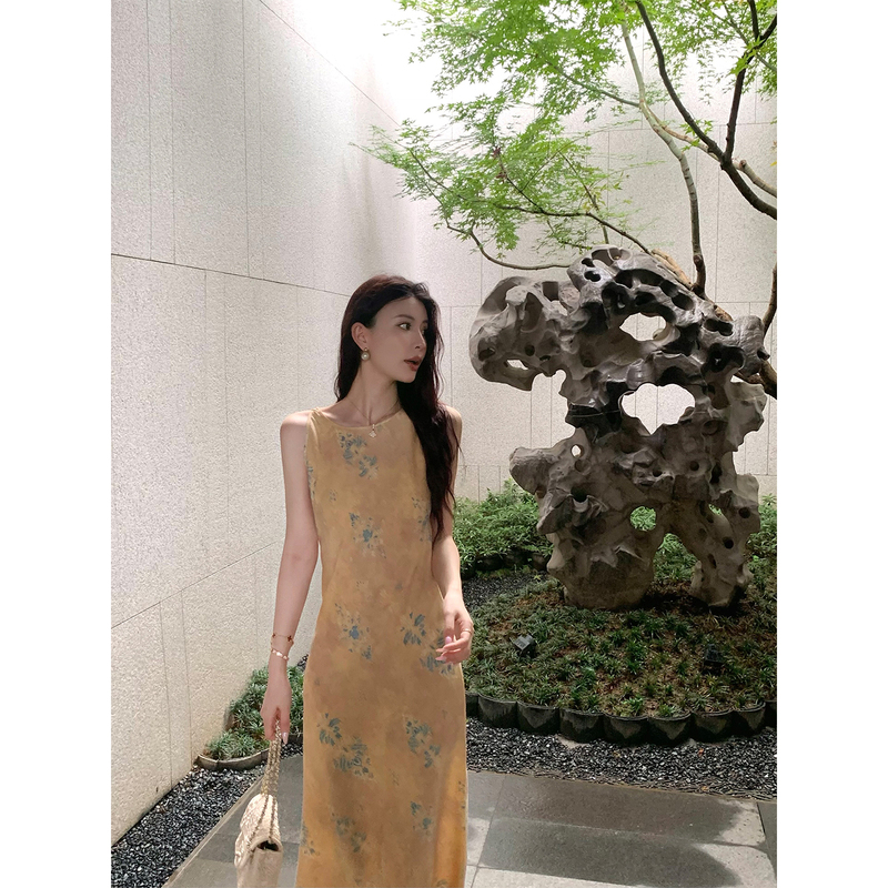 Kun Zong Kun【Zen Calm】New Chinese-Style Retro Dress for Women, Yellow Linen Floral Dress, Summer Printed Long Dress