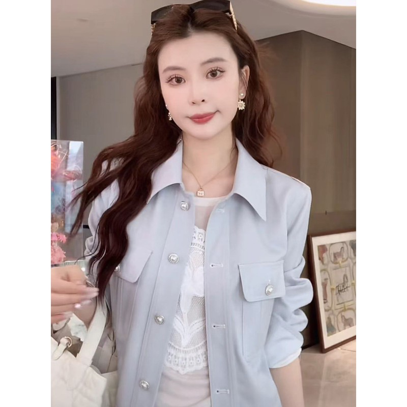 Kun【Yuan Oxygen Girl】Blue Vintage Lapel Short Jacket for Women, Autumn Faux Denim Top, New Style