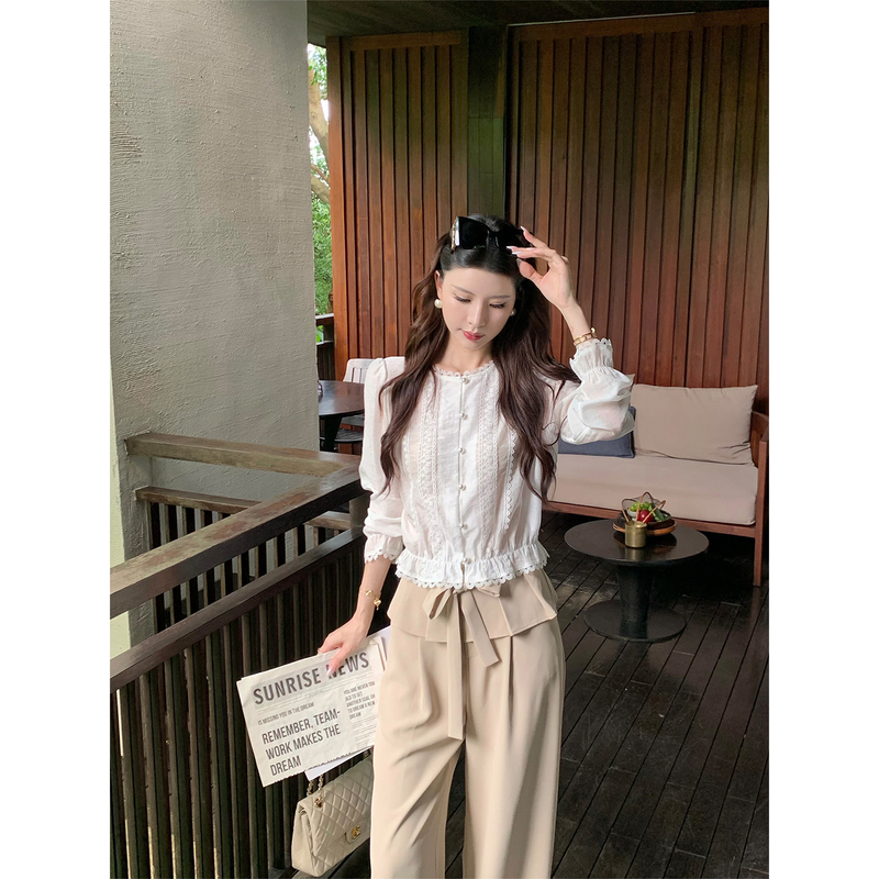 Kun【Lei Xu】White Tencel Shirt for Women, Thin Lace Design Shirt, Long-Sleeved Top, New Style Kun【Lei Xu】White Tencel Shirt for Women, Thin Lace Design Shirt, Long-Sleeved Top, New Style