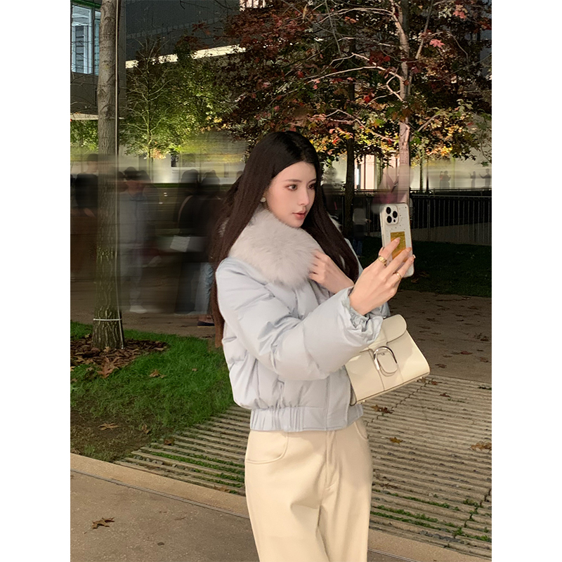 Kun【0 Pressure Small Chest Padded】Blue Thickened Hooded White Duck down Jacket for Women, Fashionable and Elegant Fur Collar Coat