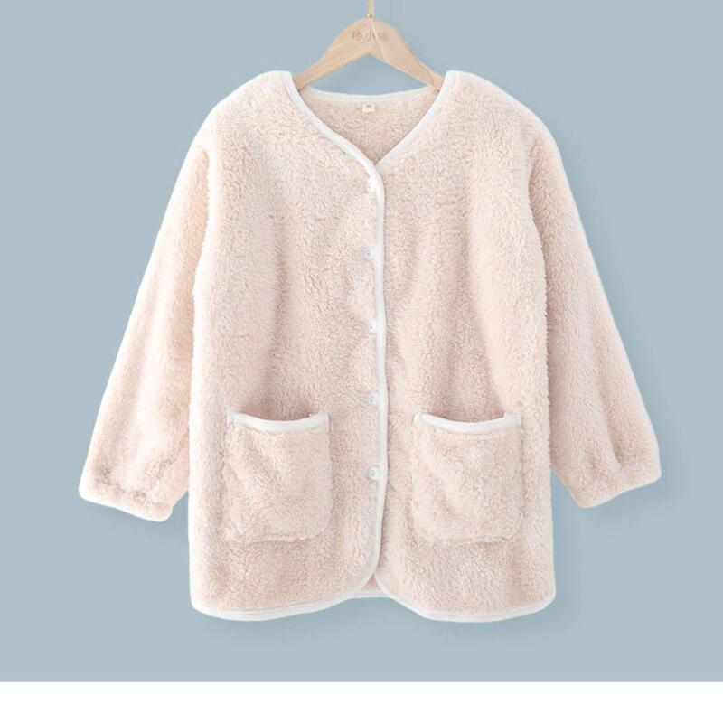 Autumn and Winter Thickened Fleece Coral Fleece Flannel Simple Solid Color Long-Sleeved Home Top Loungewear Pajamas for Women Autumn and Winter Thickened Fleece Coral Fleece Flannel Simple Solid Color Long-Sleeved Home Top Loungewear Pajamas for Women