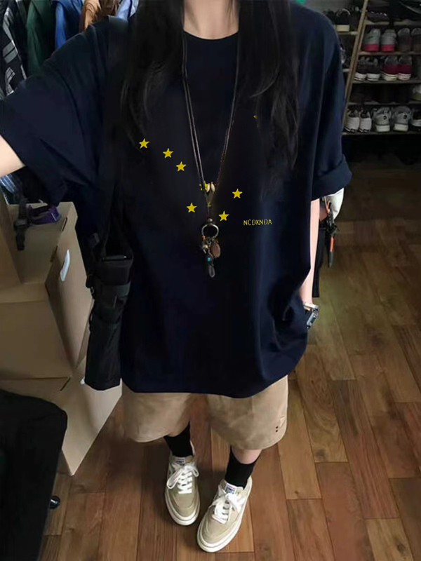 100% Pure Cotton Navy Blue Regular Shoulder Short-Sleeve T-Shirt for Women 2025 New Loose American High Street Couple Half-Sleeve Top