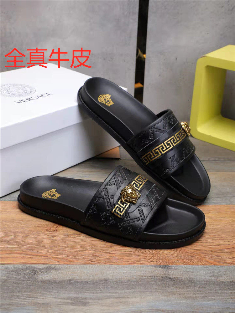 2022 new summer men's slippers embossed cow leather flat bottom cool slipper Chaulet outside wearing genuine leather wave men's shoes