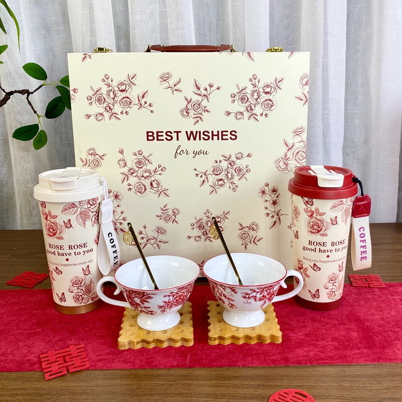 Wedding Gifts for Newlyweds and Best Friends, Wedding Rose Flower Coffee Cup Set, Engagement High-End Thermos Cup, Souvenir Gift