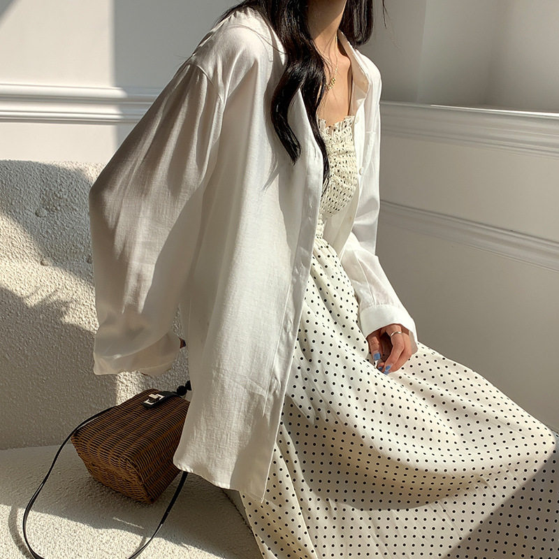 Tencel super fairy white sunscreen shirt women's summer lapel versatile Chiffon sunscreen shirt long sleeve thin outer jacket