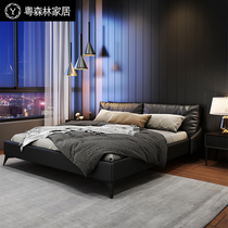 Italian minimalist leather bed Nordic industrial style light luxury modern simple double bed master bedroom high-end soft bag low bed