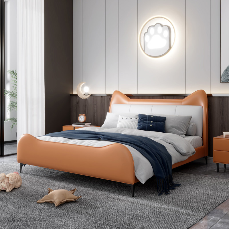 Willstyle children's bed boy Single beds cute solid wood teenagers genuine leather Jane about cute kitty girl princess bed