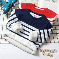  Boys sweater round neck pullover autumn and winter pure cotton striped sweater plus velvet thickened boys childrens clothing autumn top