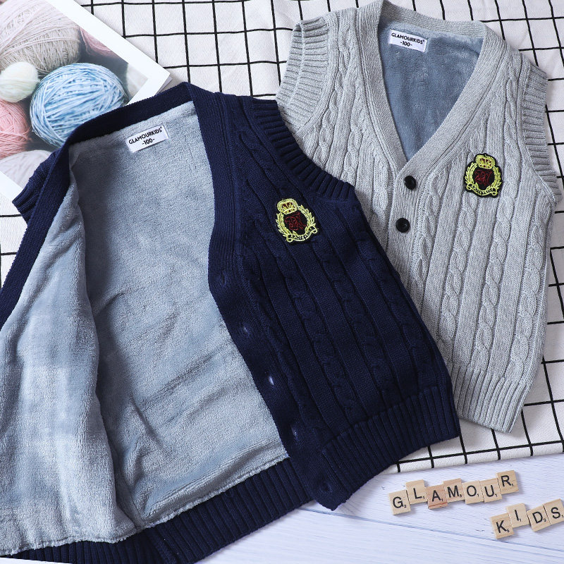Boys vest velvet thickened warm cotton knitted cardigan Autumn and winter children's sweater vest Children's clothing boys jacket