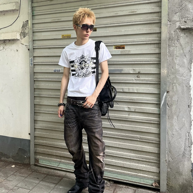 Onesradio* R Badge Subculture Vintage Street Casual Versatile Regular Fit Slim Fit Pure Cotton Sorona Short Sleeve