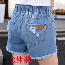 Denim shorts womens summer high waist loose holes elastic waist all-match straight tube tide strap hot pants 2021 new large size