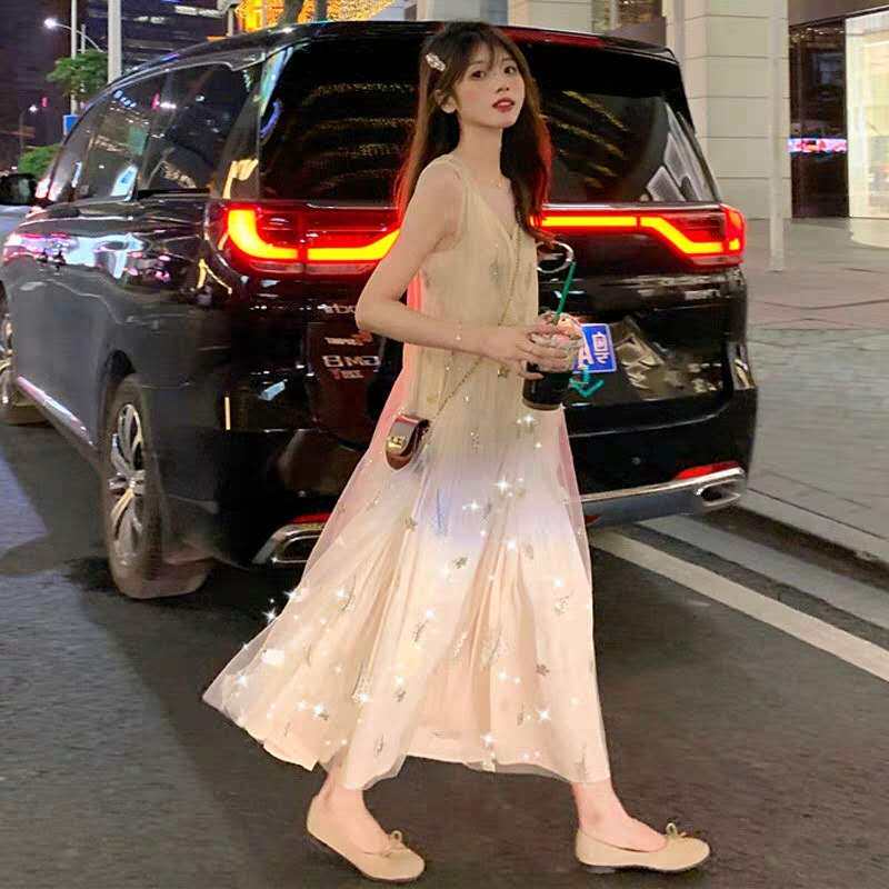 2022 new Korean version waist slimming French style gentle style goddess fan dress Xia Chao fairy forest system