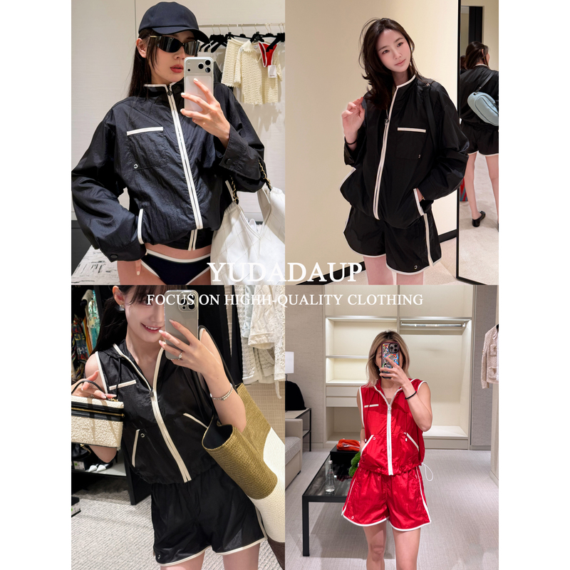 Yudadaup Holiday Outfit 26Ss Functional Zipper Color-Blocked Leather Trim Sun Protection Jacket/Vest/Shorts for Women