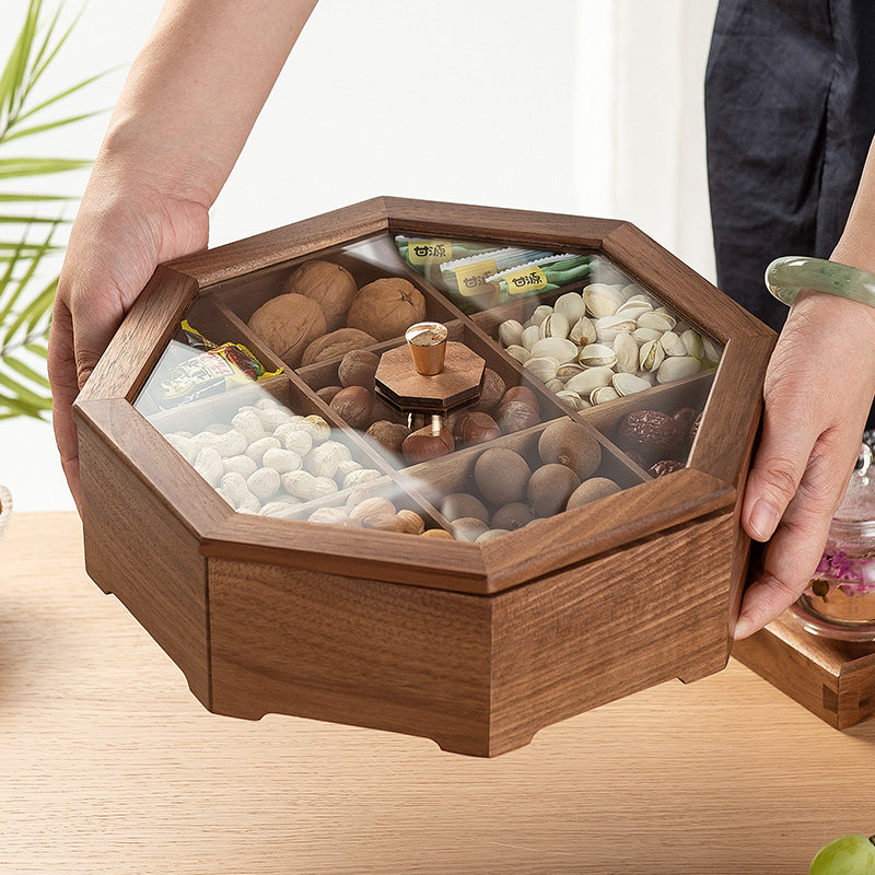Household dried fruit box solid wood living room with lid high-end new Chinese nut box split candy fruit snack storage box