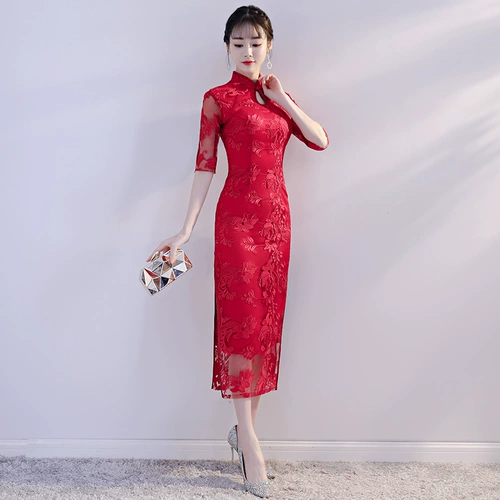 Вечернее платье, свадебное платье, красное длинное ципао, коллекция 2021, облегающий крой, китайский стиль
