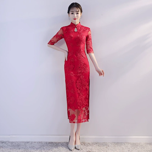 Вечернее платье, свадебное платье, красное длинное ципао, коллекция 2021, облегающий крой, китайский стиль