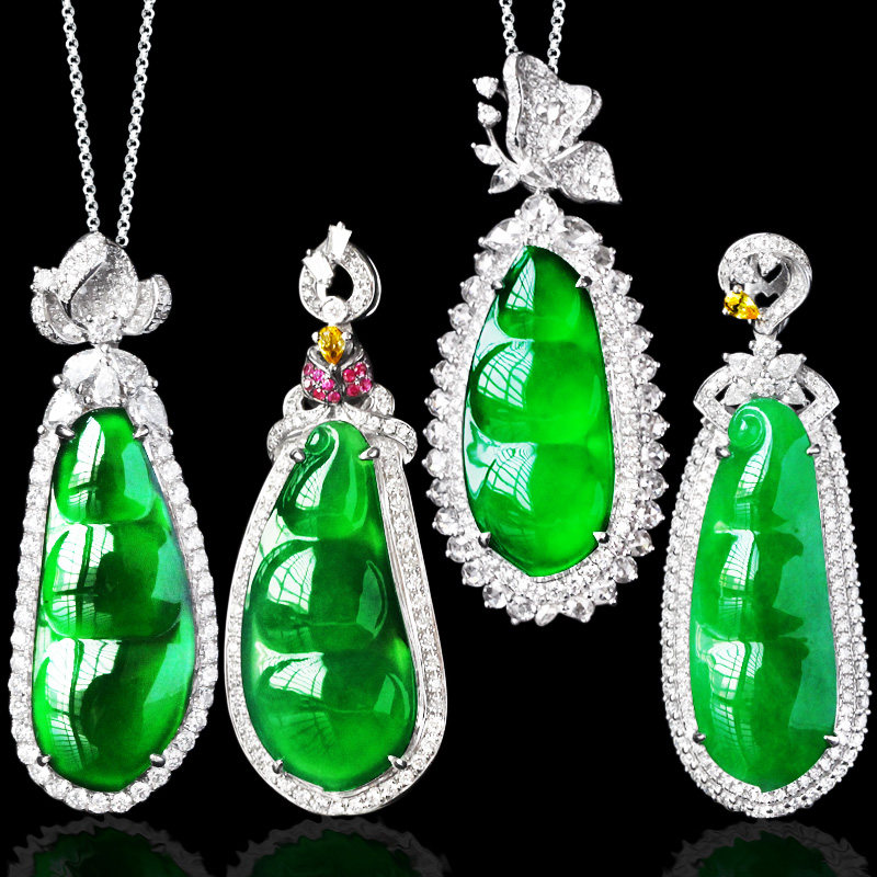 Ice Jade Yang Green String Bean Inlaid Pendant 18K Yang Green Fu Bean Jade Yang Mung Bean Pendant Female Pod