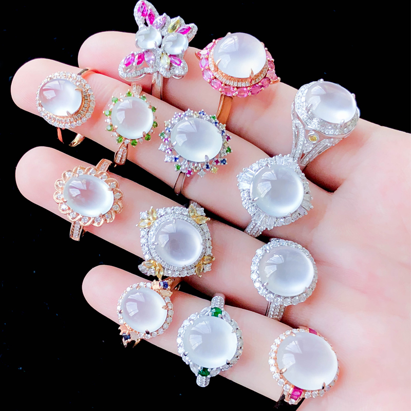 Myanmar Ice-Type Jade Ring for Women, Loose Stone White Ice Cabochon High Ice Jade Ring, 18K Gold Inlay Processing